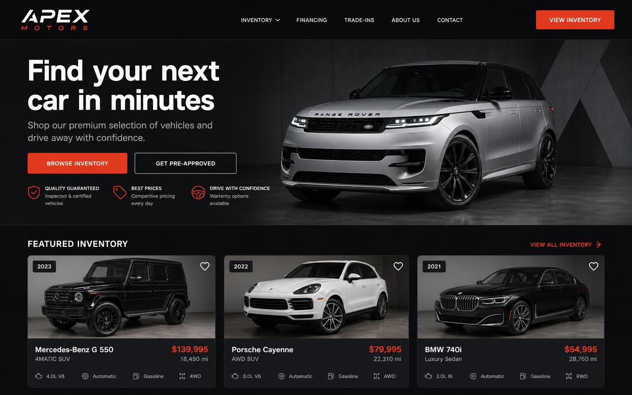 Apex Motors concept homepage design